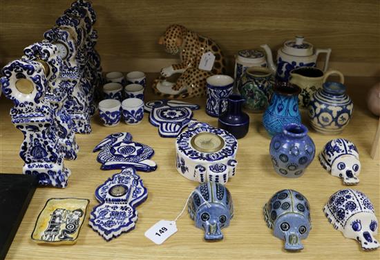 A Lomonsov porcelain leopard and a collection of Continental decorative pottery, mainly blue and white,